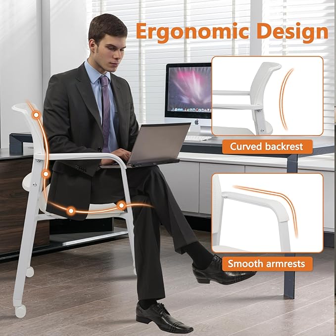 CLATINA Stacking Office Chairs | Mesh Back, Thicken Leather Seat and Arms, Ergonomic Lumber Support | Guest Reception, Waiting, Conference, School, Party, Customer, Side, Stationary | Set of 2, White