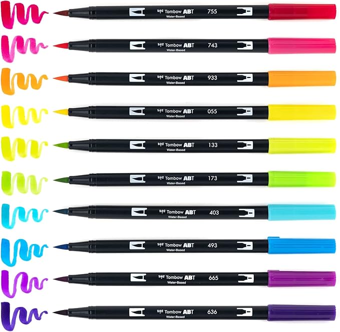 Tombow 56185 Dual Brush Pen Art Markers, Bright, 10-Pack. Blendable, Brush and Fine Tip Markers