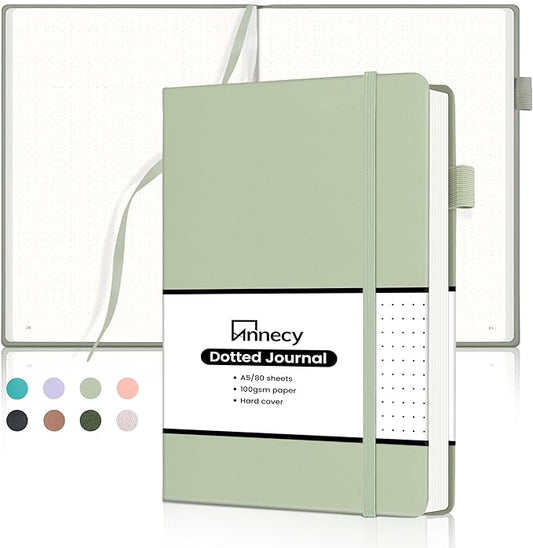 Annecy Numbered Bullet Dotted Journal Notebook, Medium 5.5x 8.25, 160 Pages 100GSM Writing Paper, A5 Grey Green Faux Leather Cover with Pen Loop