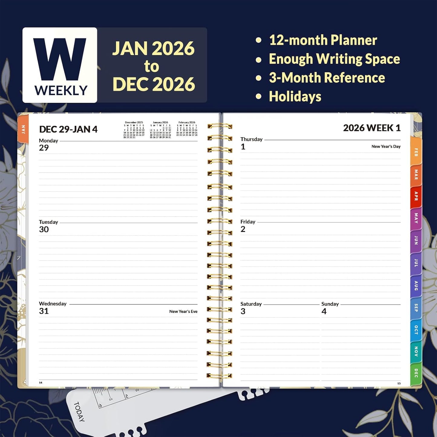 SUNEE 2026 Weekly and Monthly Planner - from January 2026 - December 2026, 6.4" x 8.3" Daily Agenda Planner with Monthly Tab, Flexible Cover, Note Pages, Pockets, Bookmark, Dark Blue Marble