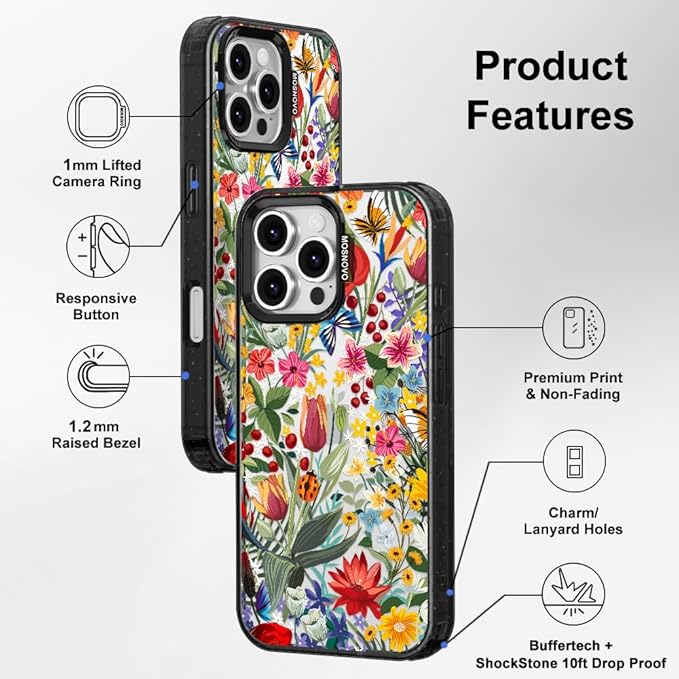 MOSNOVO Case for iPhone 16 Pro Max, [10ft 4X Military-Grade Drop Protection] Durable & Shockproof Phone Case Cover Design for iPhone 16 Pro Max - in The Garden - Clear Black