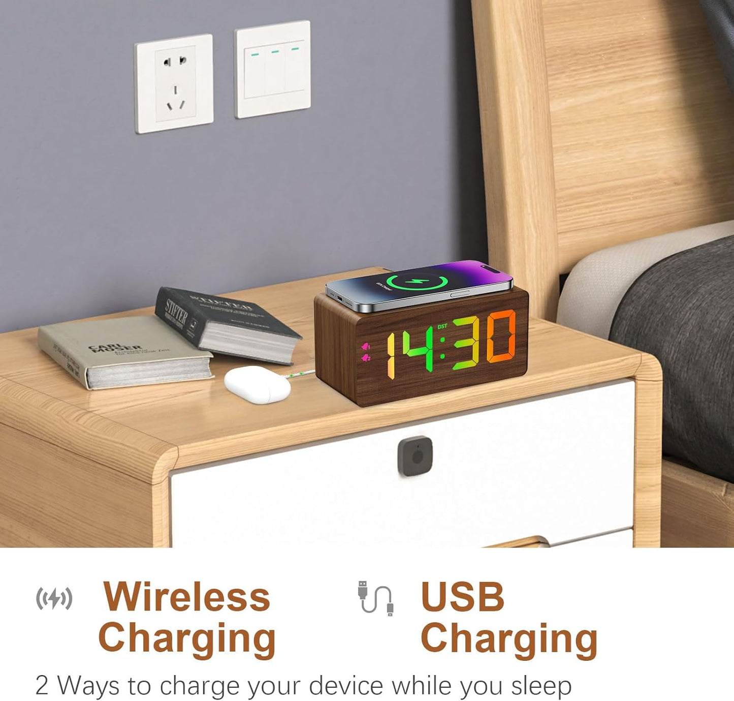 Wooden Digital Alarm Clock with Fast Wireless Charger, Dual USB Charging Ports, DST, Dimmable, Snooze, RGB Large Number Display LED Clock for Bedrooms, Living Room, Desk, Table, Bedside(Brown)