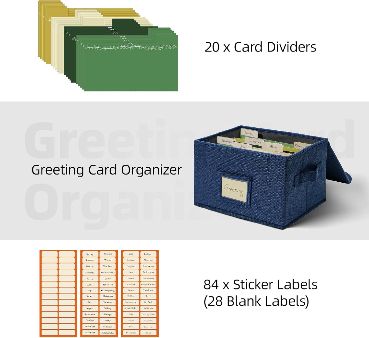 Vienrose Greeting Card Organizer Storage Box with 20 Removable Dividers, 84 Self-stick Labels, Perfect for Photos, Envelopes, Scrapbooking, Paper, Stickers Holder 1 Pack Navy