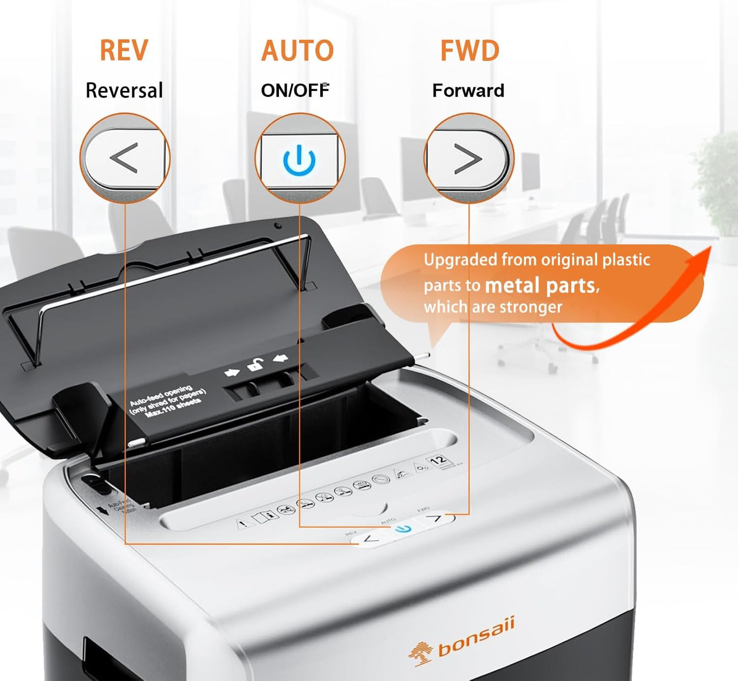 Bonsaii Heavy-Duty Paper Shredder for Home & Office - 110-Sheet Autofeed, Micro Cut, P-4 Security Level, 30-Minute Continuous Shred, 6-Gallon Bin