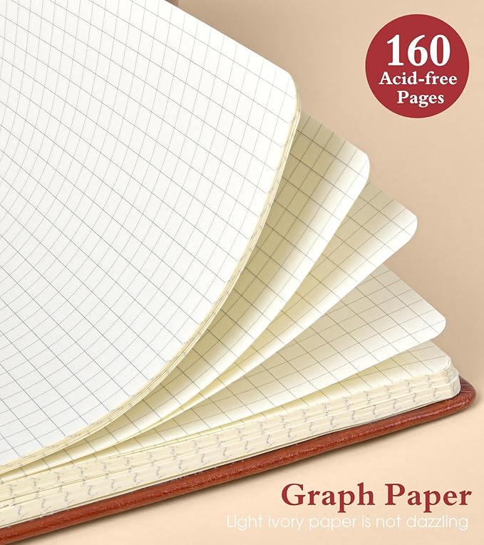 Graph Notebook for Women Men, 160 Pages Grid Paper Journal, A5 Hardcover Vintage Leather Graphing Notebooks for School, Work, College Ruled, Inner Pocket, 5.8"x8.5" (Brown)