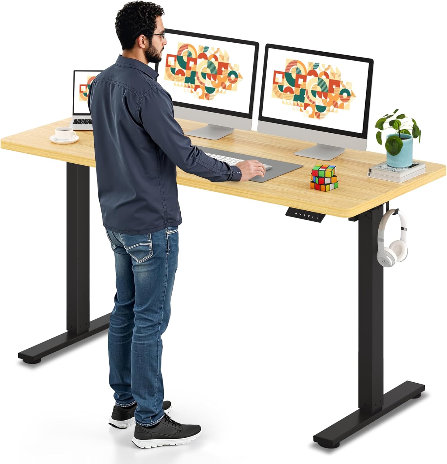 SANODESK Electric Standing Desk 60 x 24 Inches Whole-Piece Desktop Height Adjustable Stand Up Desk w/6-Button Controller Ergonomic Computer Desk for Home Office, Black Frame + Natural Tabletop