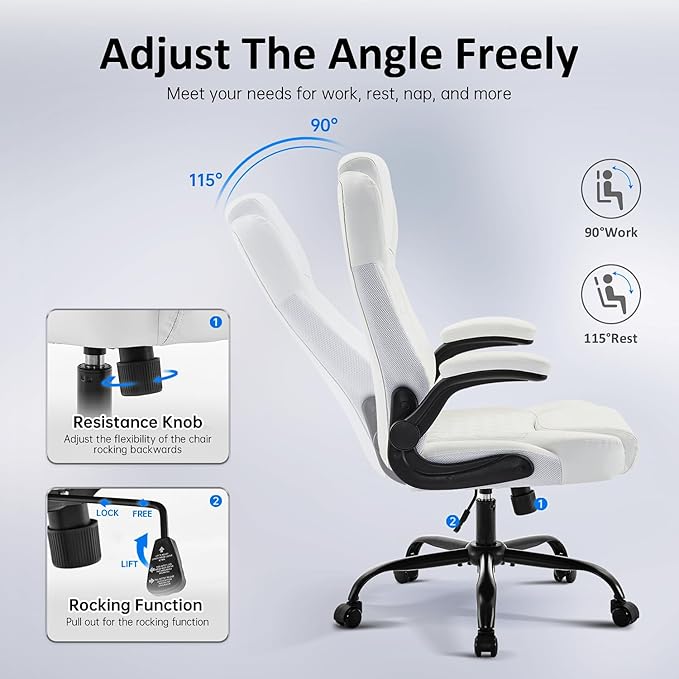 Office Chair, Executive Leather Chair Home Office Desk Chairs, Ergonomic Computer Desk Chair with Adjustable Flip-Up Arms, Lumbar Support Swivel Task Chair with Rocking Function (White)