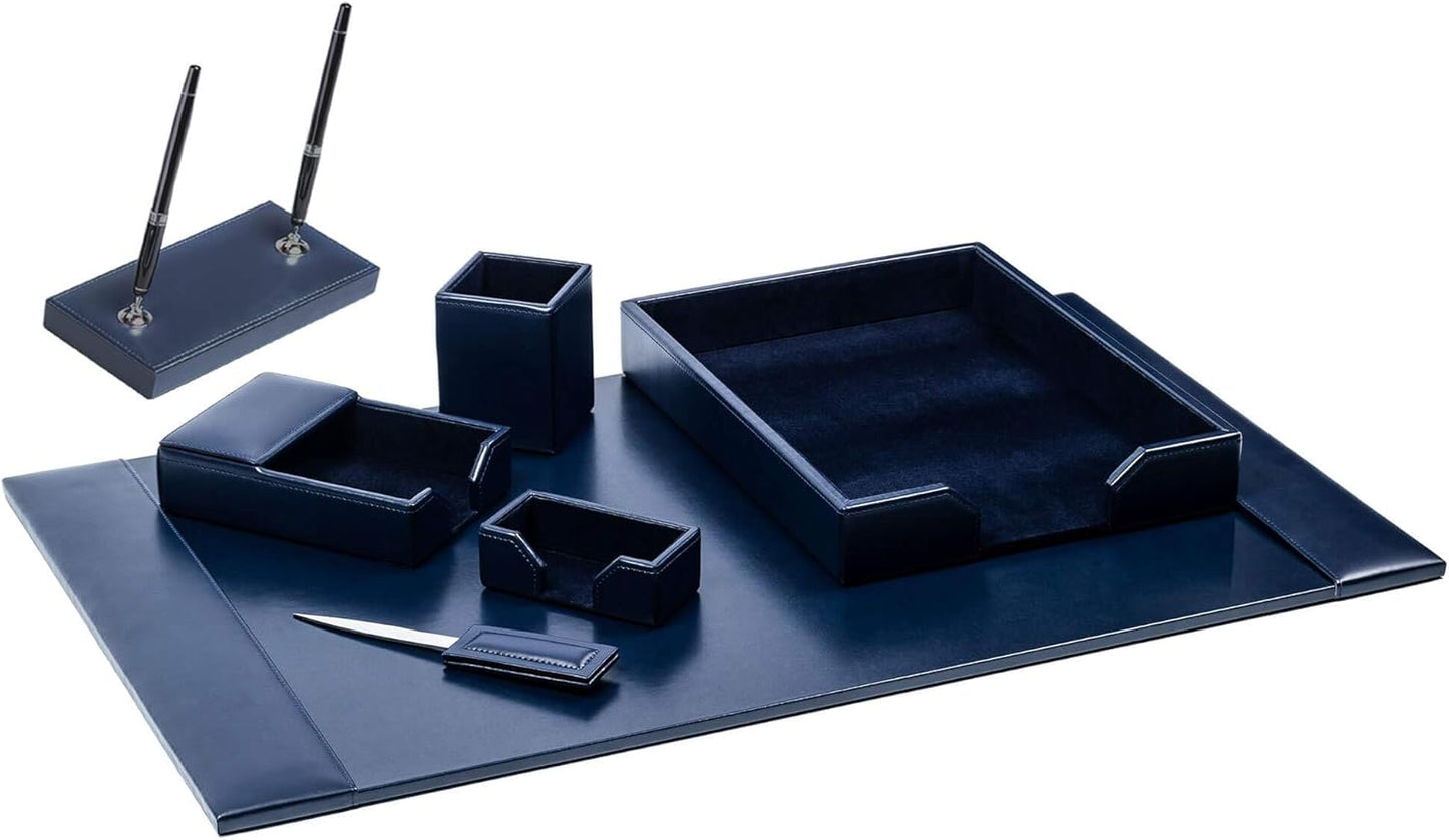 Dacasso Bonded Set Luxury Leather Desk Pad & Desk Organization Essentials, 7 Piece, Navy Blue