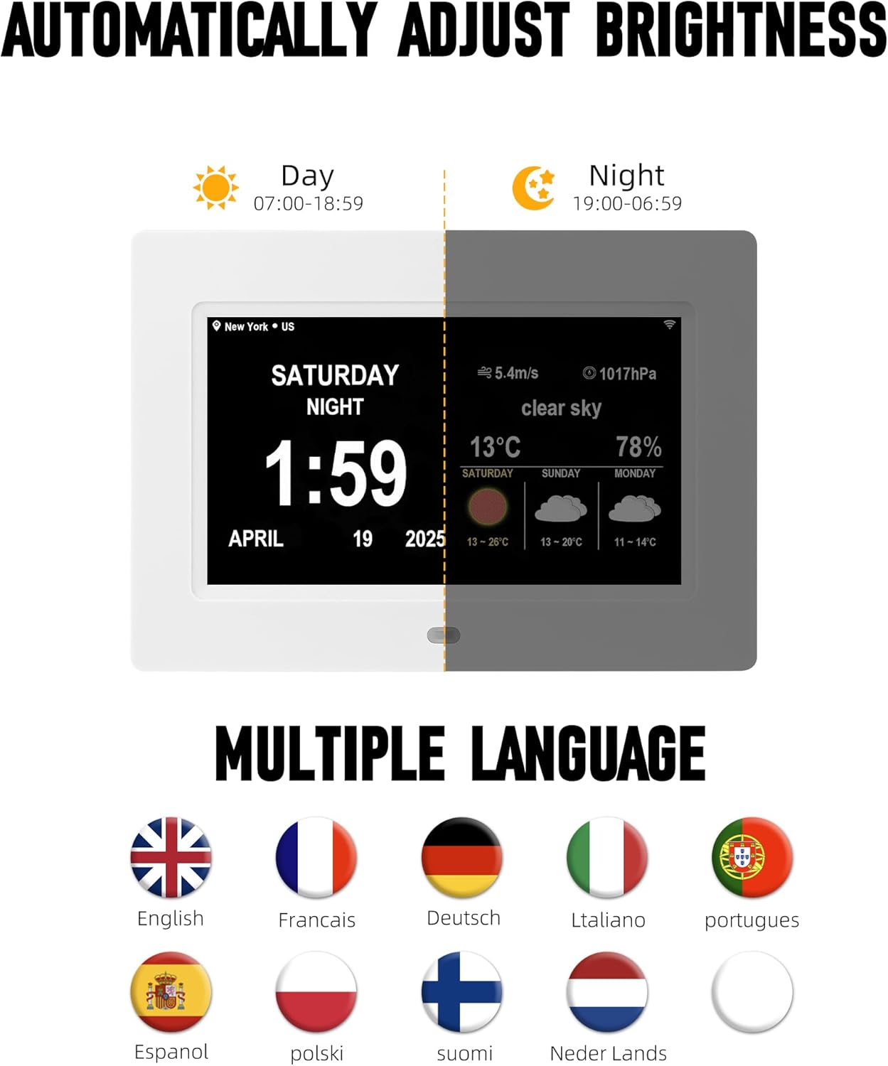 WiFi Digtial Wall Clock,Desk Clock with Weather Temperature Humidify,10 Day Weather Forecast,Weather Station with Digital Calendar and Dementia Alarm clockx for Seniors.(Whith, 7 inches)