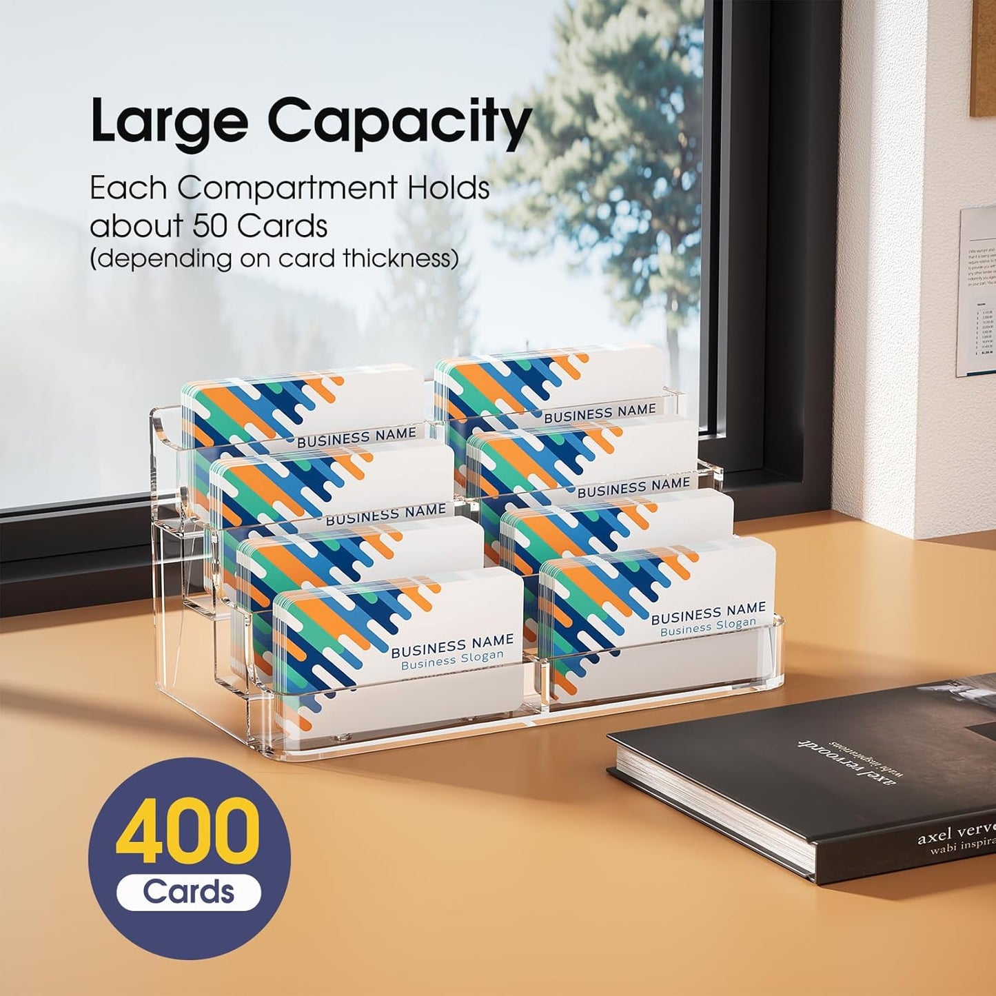 MaxGear Acrylic Business Card Holder for Desk Multiple Business Card Holders, Premium Cards Stand, Clear Plastic Cards Display Holder with 4 Tier for Exhibition, Home and Office, 8 Pocket, 4 Pack