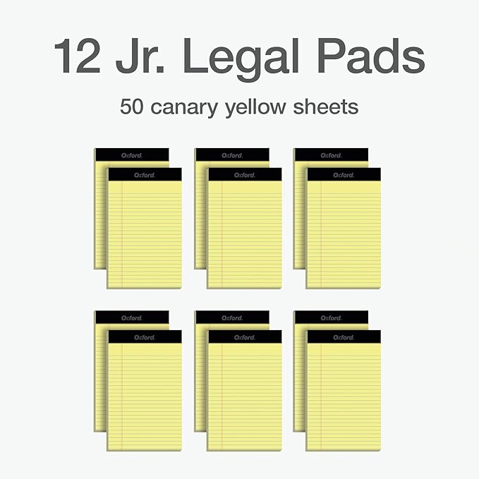 Oxford 5 x 8 Legal Pads, 12 Pack, Narrow Ruled, Yellow Paper, 50 Sheets Per Writing Pad, Made in the USA (74017)