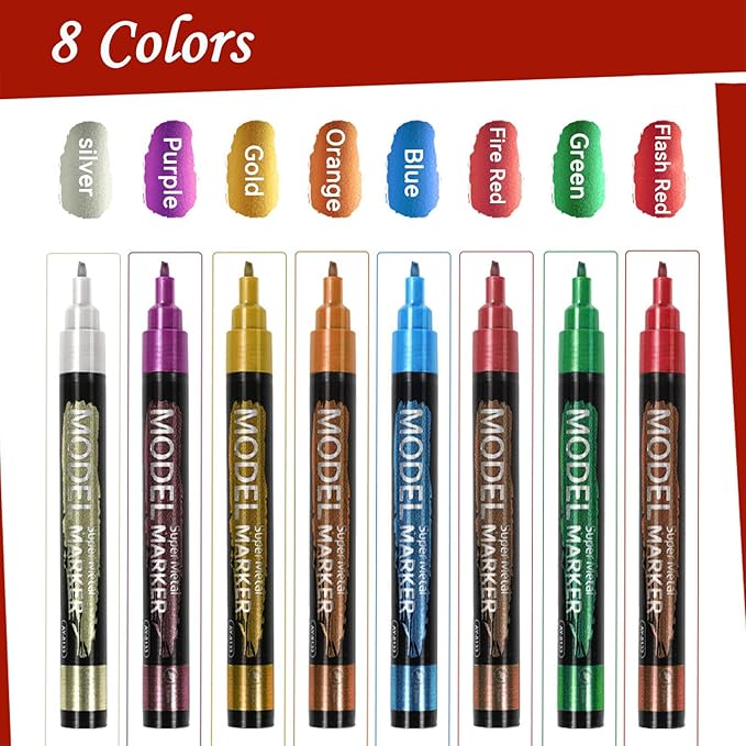 8-Color Glitter & Metallic Shimmer Acrylic Paint Markers - Chisel Tip 1-5mm, Permanent Super Golden Metallic Markers for Repairing, Model Painting, DIY Art Projects
