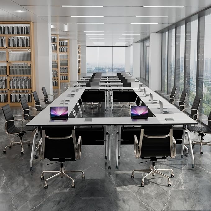 Conference Table, Folding Conference Room Tables, Mobile Training Tables with Silent Wheels, Large Rectangular Modular Seminar Table Office Computer Desks for Classroom White (4Pack L47.2in)