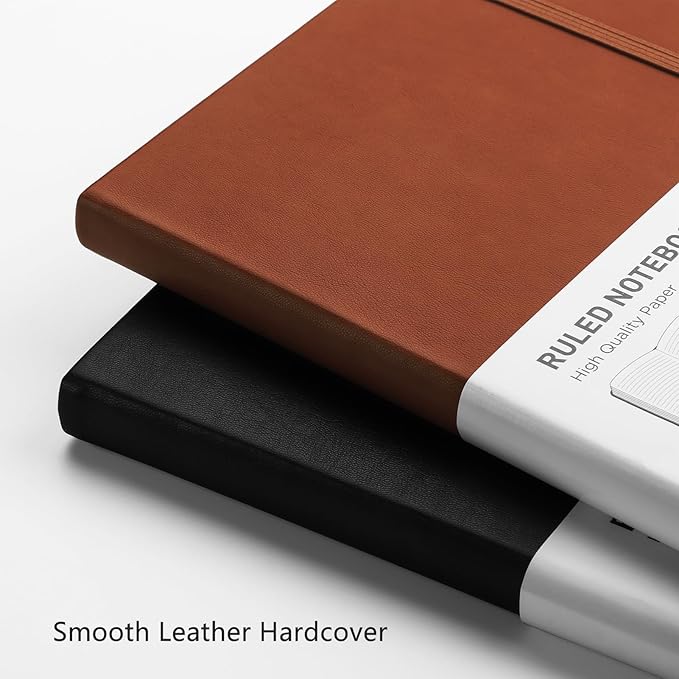 RETTACY Lined Journal Notebook, 2-Pack, 192 Numbered Pages per Pack, A5 Medium Size (5.7'' x 8.3''), for Men & Women, Writing, Work, Leather Hardcover, 100 GSM Thick Paper (Black & Brown)