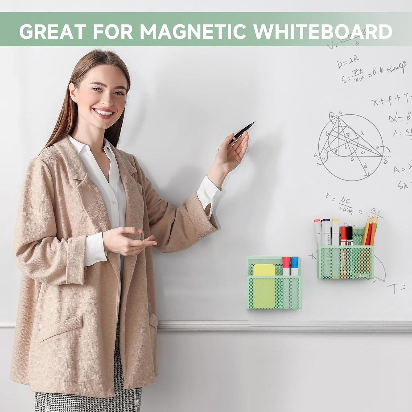 Magnetic Dry Erase Marker Holder, Mesh Pen Holder for Whiteboard，Magnet Pencil Organizer Storage for Refrigerator Locker Accessories Organizer for Home, School and Office(Green)