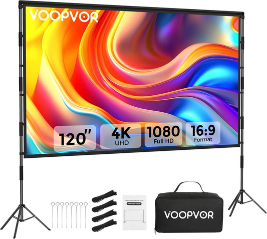 Outdoor Projector Screen with Stand: VOOPVOR 120 inch Portable Projector Screen Indoor - Upgraded Movie Screen 16:9 4K HD - Wrinkle-Free Lightweight Projection Screen with Carry Bag for Backyard Night