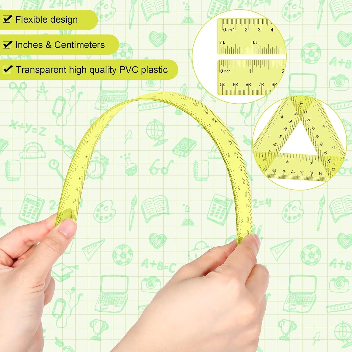 Zonon 2 Pack 12'' Plastic Ruler and 6'' Plastic Protractor Set Clear Ruler Protractor Set Math Geometry Supplies for School Classroom Home Office Drawing(Yellow)
