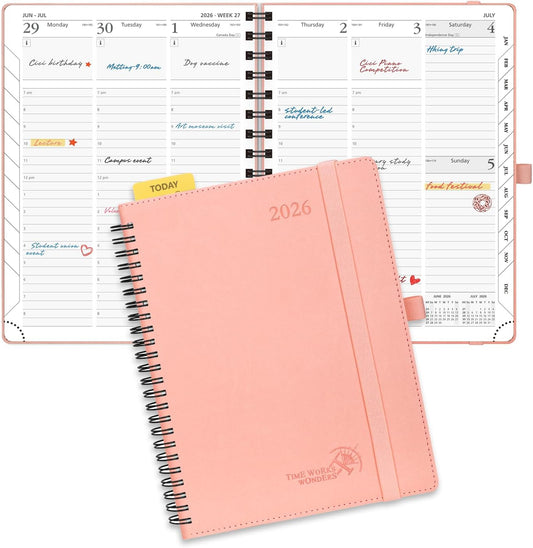 POPRUN 2026 Planner (Medium - 6.5'' x 8.5'') with Hourly Schedule, Vertical Layout - 2026 Weekly Calendar (Jan. 2026 - Dec.2026) for Time Management, Monthly Tabs, Spiral Bound, Soft Cover - Pink