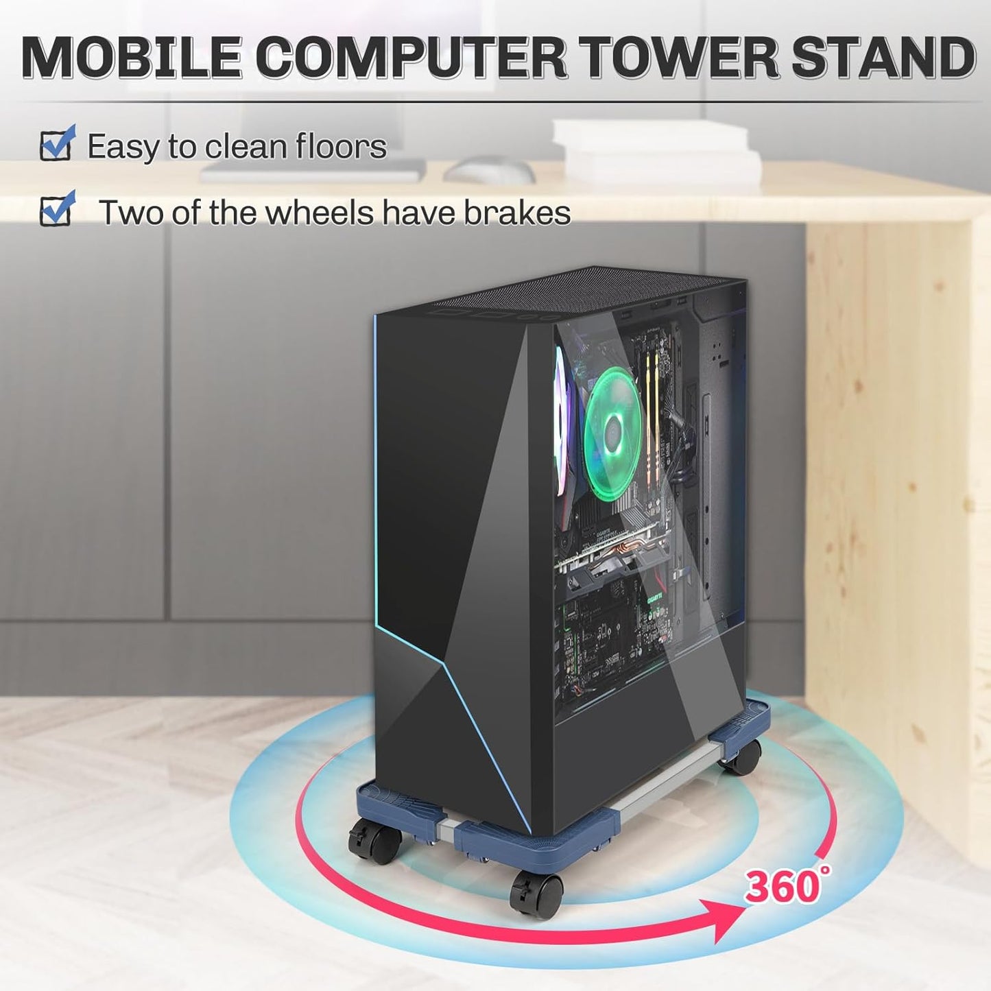 Liitrton Mobile CPU Stand, Adjustable Computer Tower Stand with 4 Locking Casters,Ventilated PC Stand for Floor with Multiple Colors, Fits Most PC Tower Under Desk Stand for Office Gamers (Blue)
