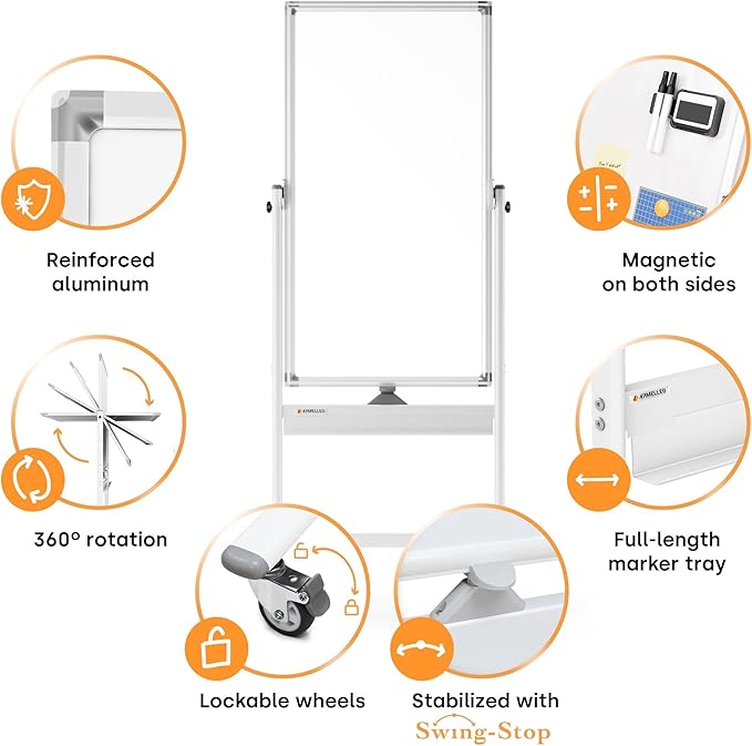 Rolling Dry Erase Board 24 x 48 - Large Portable Magnetic Whiteboard with Stand - Double Sided Easel Style Whiteboard with Wheels - Mobile Standing White Board for Office, Classroom & Home