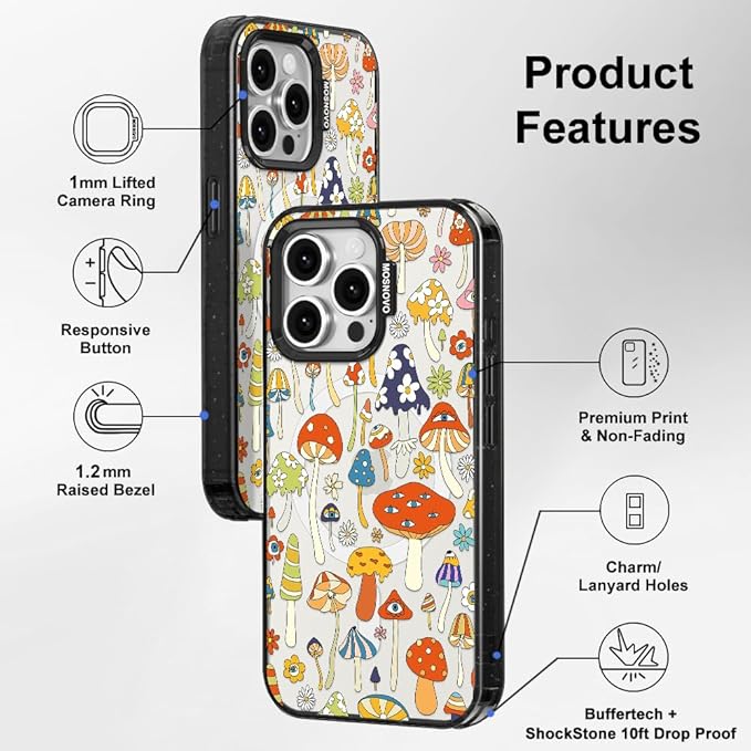 MOSNOVO Magnetic Case for iPhone 15 Pro Max, 10ft Military-Grade Protection, Compatible with Magsafe, Shockproof Phone Case for iPhone 15 Pro Max - Mushroom Art - Clear Black