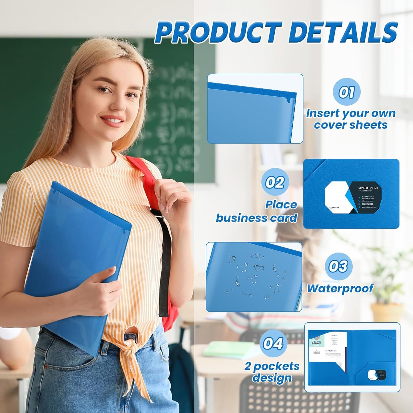 Henoyso 36 Pcs Plastic Folders with Clear Front Pockets Heavy Duty File Folders with 2 Pockets and Card Slot for Student Communication School Office Presentation Report (Blue)