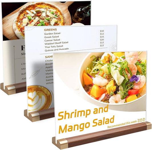 Acrylic Sign Holder 8.5 x 11 with Wood Color Base, 3 Pack Clear Tabletop Double-Sided T Shape Display Sign Frame Horizontal for Store/Coffee Shop/Office/Hotel Business Display Holder