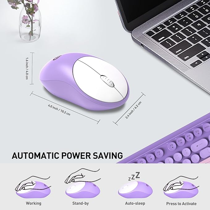 Wireless Keyboard and Mouse Combo, 2.4 GHz Wireless Full-Sized Typewriter Keyboard with Round Keycaps for Windows, Computer, Desktop, PC, Laptop (Purple)