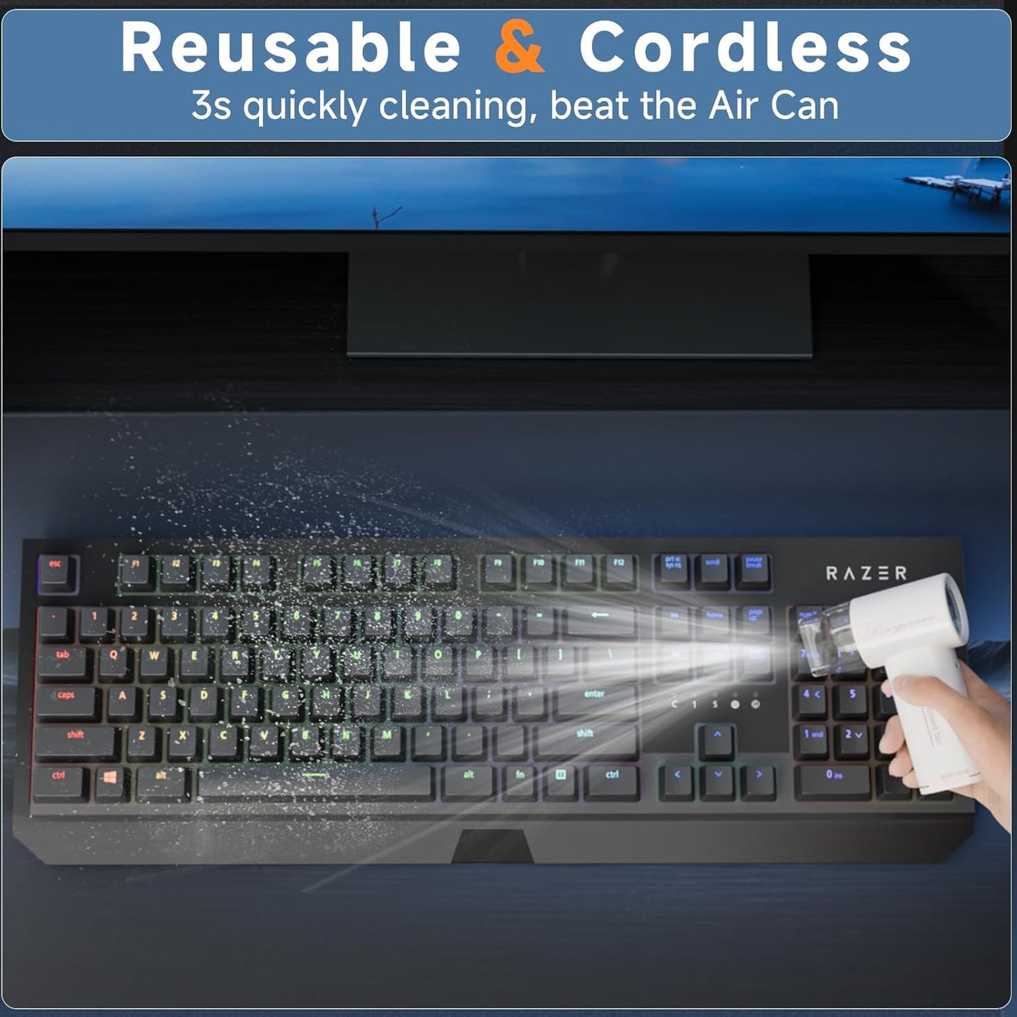 Mini Compressed Air Duster, 5 Gear Adjustable 80000RPM [Small But Powerful] Cordless Electric Air Blower, Fast Charging & Reusable Dust Cleaner for Computer, Keyboard, House & Car (White)