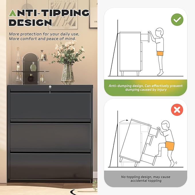 Superday Lateral File Cabinet 3 Drawer Metal File Cabinet with Lock, Black Filing Cabinets for Home Office, Locking Filing Cabinets Hanging Files Letter/Legal/F4/A4