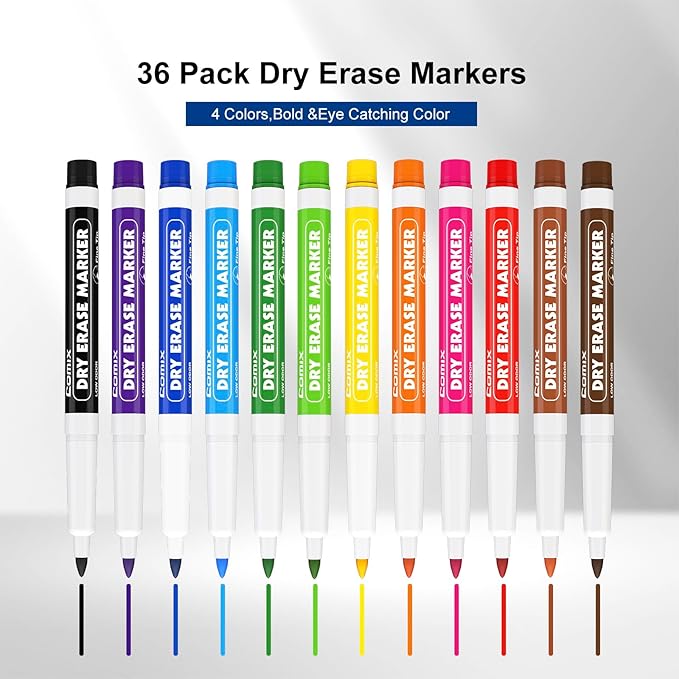 Comix Low Odor Dry Erase Markers, Fine Tip Whiteboard Markers, 36 Bulk 12 Assorted Colors Markers for Kids Teachers Office & School Supplies