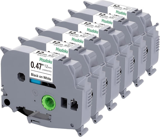 Tze TZ Tape 12mm 0.47 Laminated White Tape Compatible for Brother Label Maker Tape 12mm 1/2" Black on White Tape for Ptouch PT PTD200 PTD410 D210 D220 D610 P710BT PTH110, 6-Pack