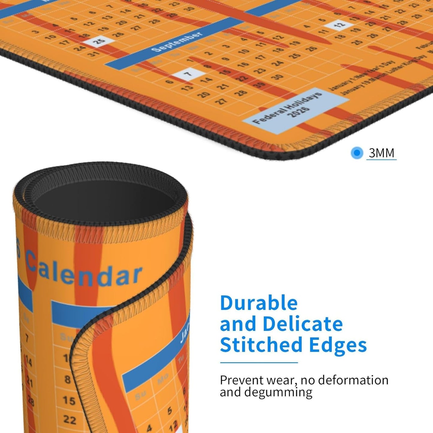 2026 Calendar Mouse Pad Tiger Texture, Calendar with Holidays Mouse Pads, Non-Slip Rubber Base Mousepad for Office Desk Computers Laptop