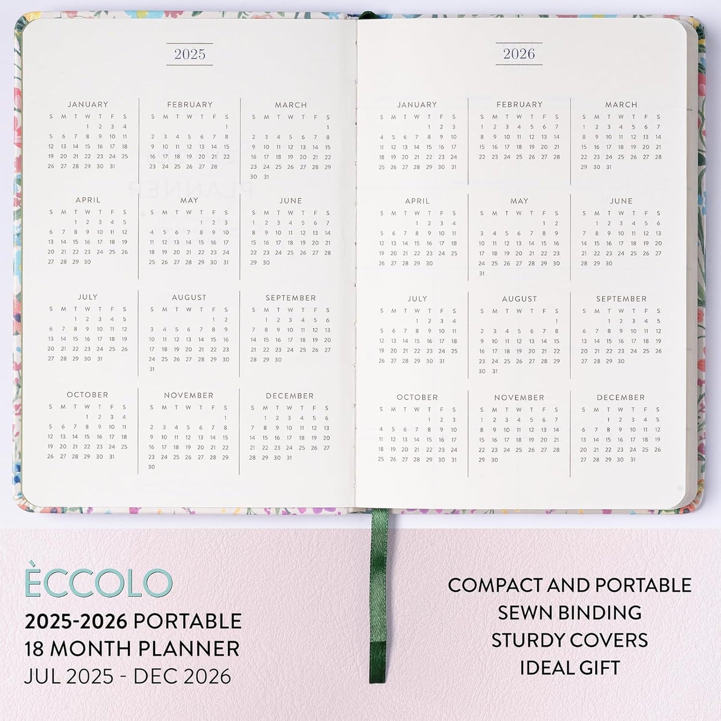2025-2026 Eccolo 18 Month Bound Planner, Monthly & Weekly Pages (5.25 x 7.75" - July 2025 - Dec 2026 - Flower Garden)