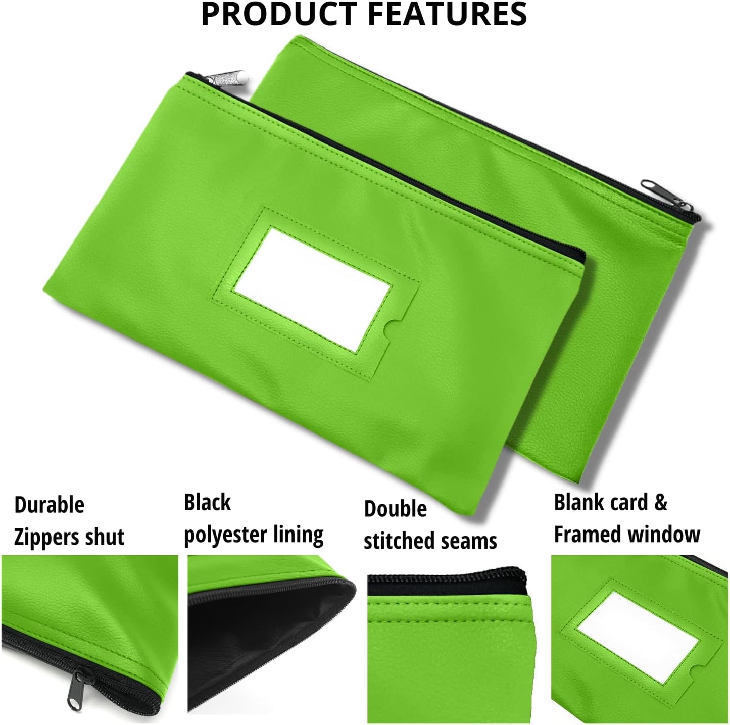 Money Bank Deposit Bag with Zipper | 11x6 inch | Light Green | Durable Leatherette Money Cash Coin Check Wallet Pouch for Men & Women with Framed ID Window and Blank Card | by GIDABRAND (1)