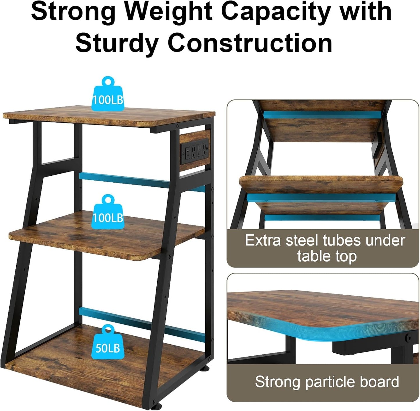 Natwind 23.6"x19.7" Large Printer Stand,3 Tier Printer Table with Charging Station, Rolling Cart with Adjustable Storage Shelf for Home Office Organization, Stand for Heat Press,3D Printer (Retro)