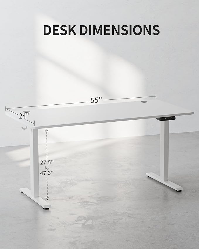 FEZIBO One-Piece Standing Desk Adjustable Height Stand up Home Office Desk, 55x24 Inch Electric Standing Computer Desk, with 4 Memory Presets, Fixable casters, White