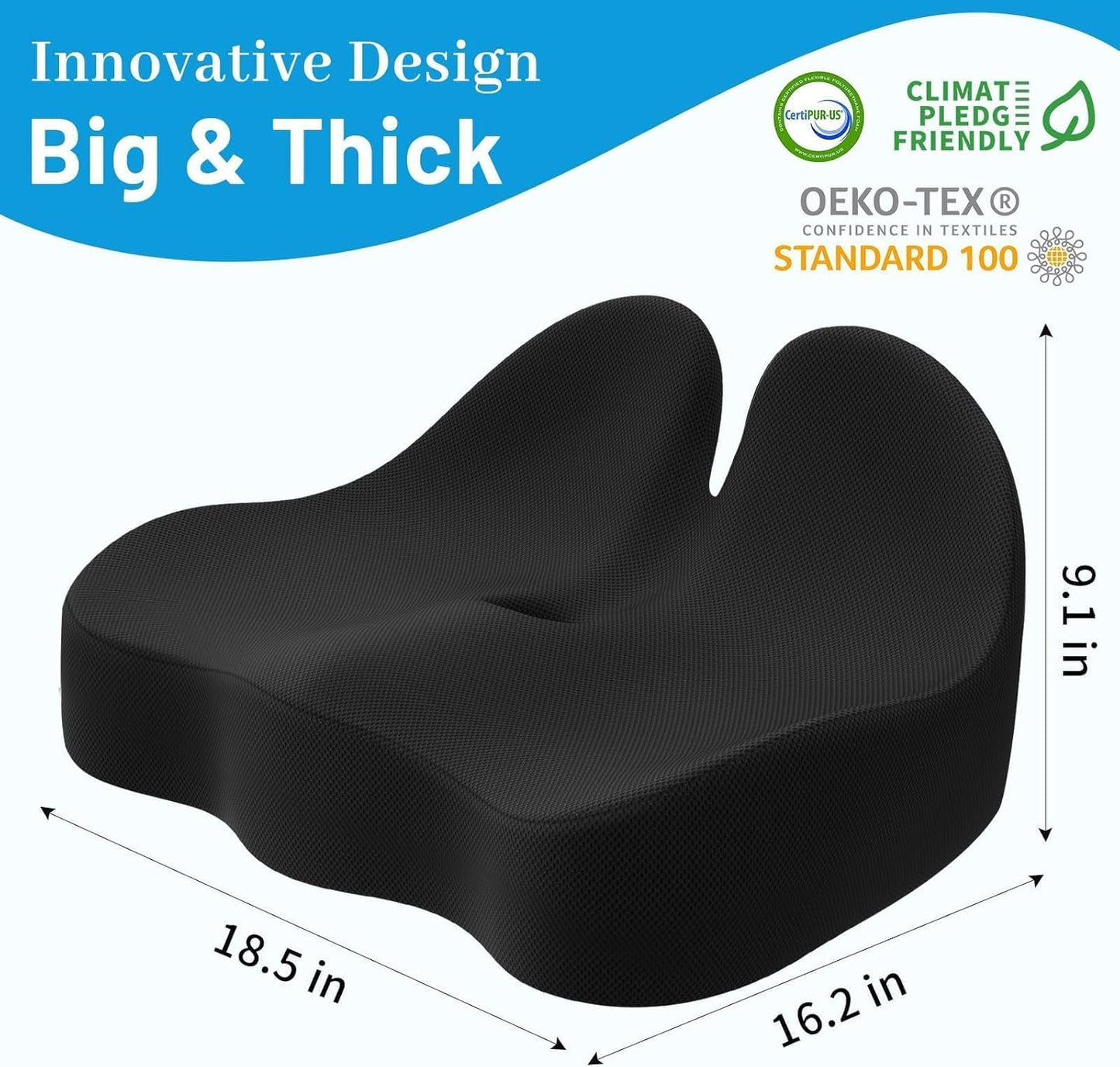 Seat Cushion, Memory Foam Office Chair Cushions, Ergonomic Curved Design for Sciatica, Tailbone, Coccyx, Seat Support for Car, Desk Chair, Wheelchair, Enhances Long Sitting Comfort (Black)