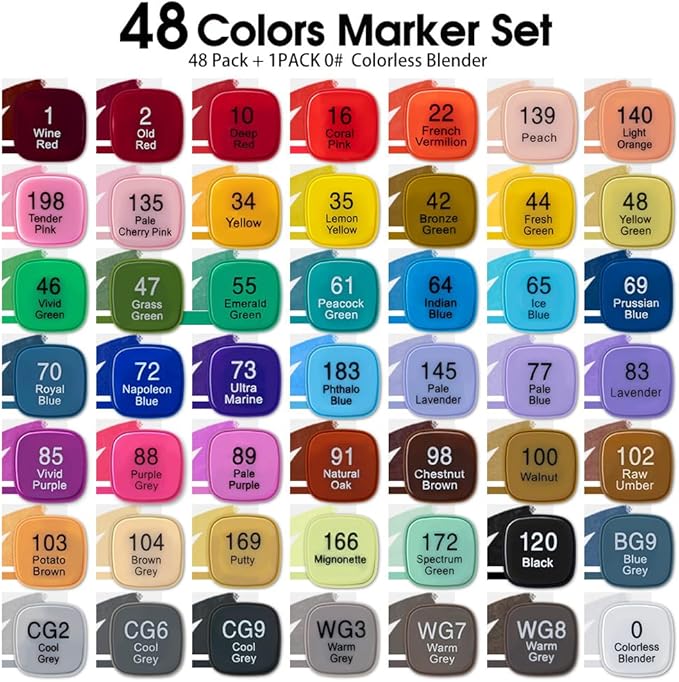 TRANSON Alcohol Markers for Drawing Coloring 48 Colors Dual-tip Fine and Chisel Tips