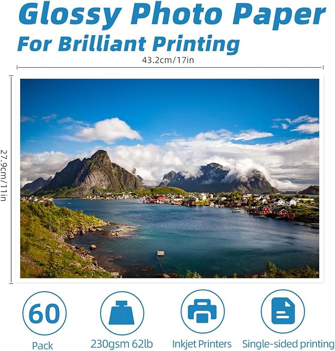 Uinkit 11 x 17 Thick Photo Paper Glossy 11x17 60Sheets 62lb Inkjet Heavyweight 230gsm Gallery show Brochure Pictures Funeral Bulletin Obituary Papers Obituaries Gloss Papers