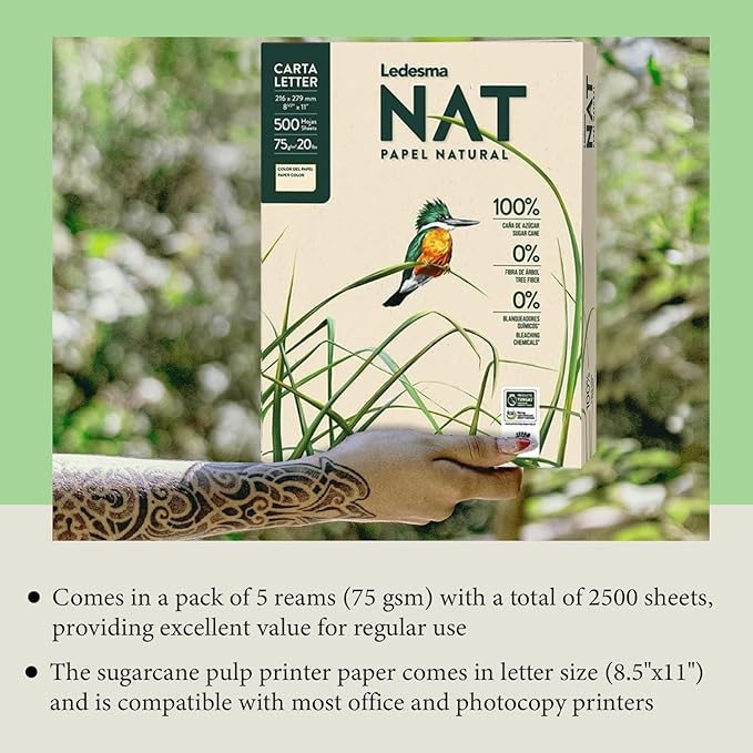 Letter Size 8.5"x11" Sugarcane Pulp Printer Paper - 75 GSM, Unbleached Paper Multipurpose Copy Printer Paper - for All Office & Photocopy Printers, Designs, Crafts (5 Ream)