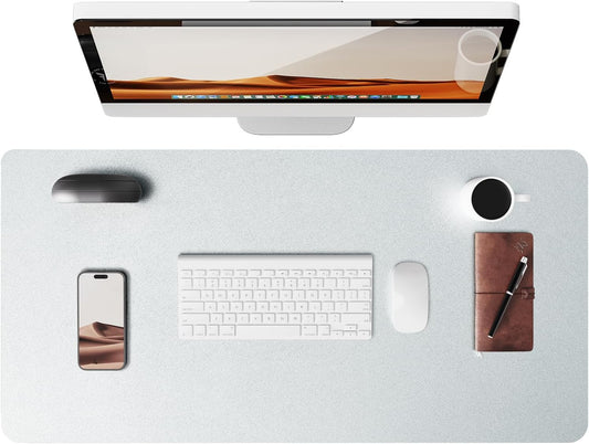 YSAGi Leather Desk Pad Protector, Office Desk Mat, Large Mouse Pad, Non-Slip PU Leather Desk Blotter, Laptop Desk Pad, Waterproof Desk Writing Pad for Office and Home (Silver, 35.4" x 17")