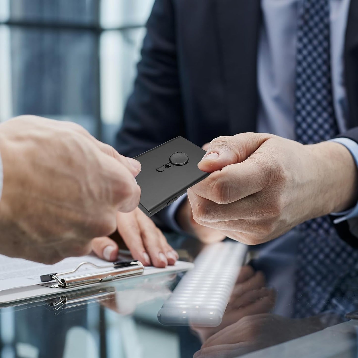 PATIKIL 2 Pcs Business Card Holder, Thumb Drive Business Card Holder Portable Business Card Holders Alloy Slide Out Card Case for Business Meeting, Black