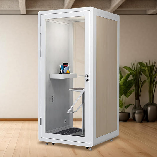 Office Sound Booth with Audio Privacy - Removable Soundproof Booth Includes White with Wood Grain Side Trim,Soundproof Room with Light,Fans, Socket for Singing Room,Telephone Booth (41.33IN)