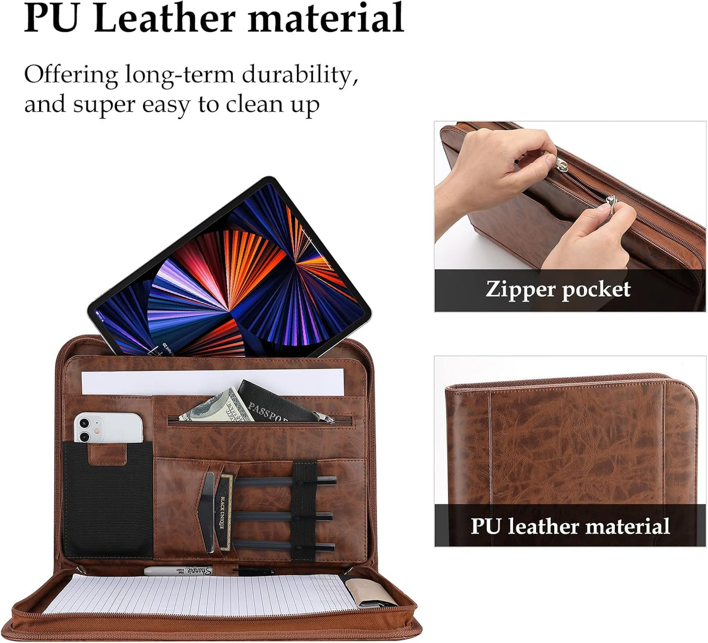 ProCase Portfolio Business Padfolio Folder with Zipper, Conference Meeting Executive File Legal Document Organizer with Pockets Letter Size A4 Writing Pad Notepad Padfolio -Brown