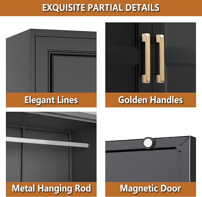 Metal Armoire Wardrobe Closet with Hanging Rod, 71" Tall Wardrobe Cabinet for Clothes, Black Clothing Storage Cabinet with Doors and Shelves, Large Wardrobes for Bedroom-Assemble Required
