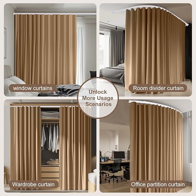 Room Divider Curtains & Flexible Bendable Tracks Set,Privacy Dividers Ceiling Track Curtain Window Blackout Curtains for Living Room Bedroom (W100 × H108 In 1 Panel Khaki Drape & White Rail)