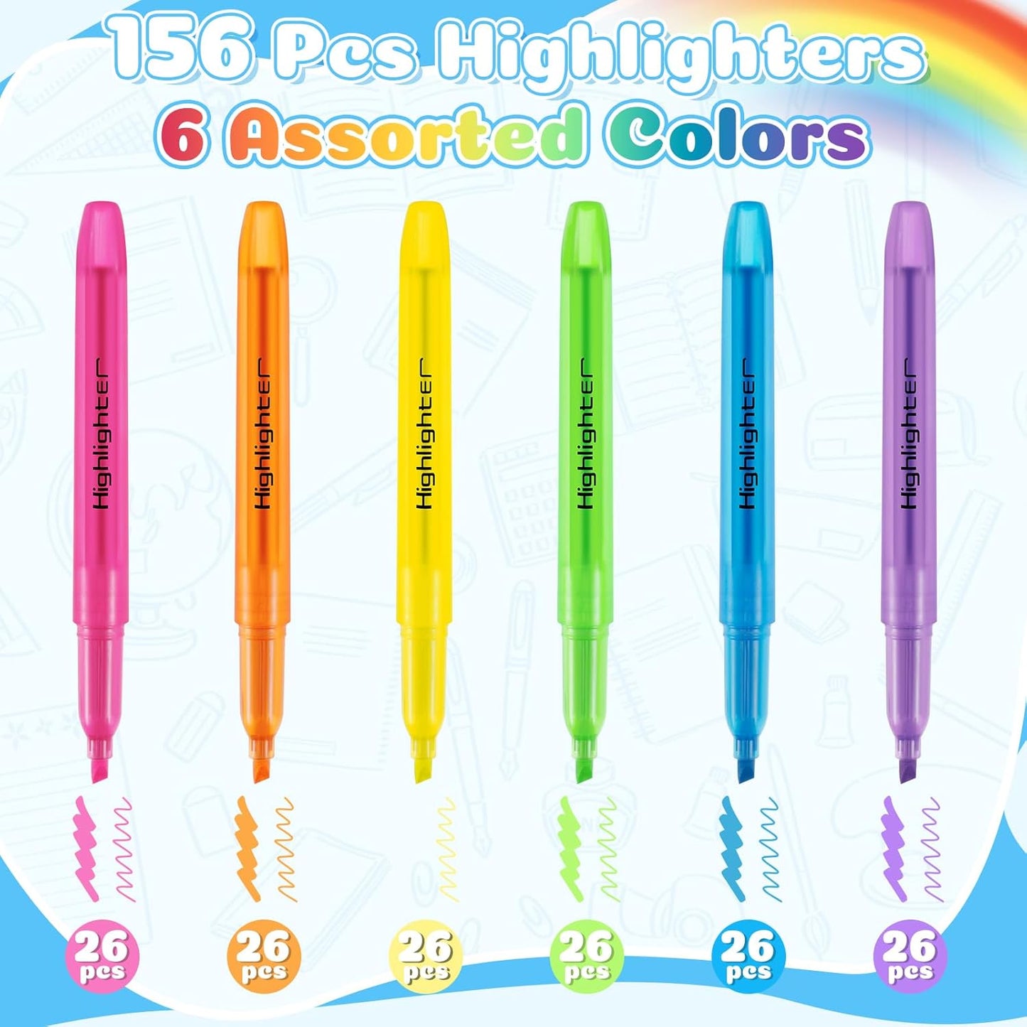 GORWARE 156 Pack Highlighters, Chisel Tip, 6 Assorted Colors, Non-Toxic Highlighter Markers for Adults Kids Highlighting in Home School Office (156)
