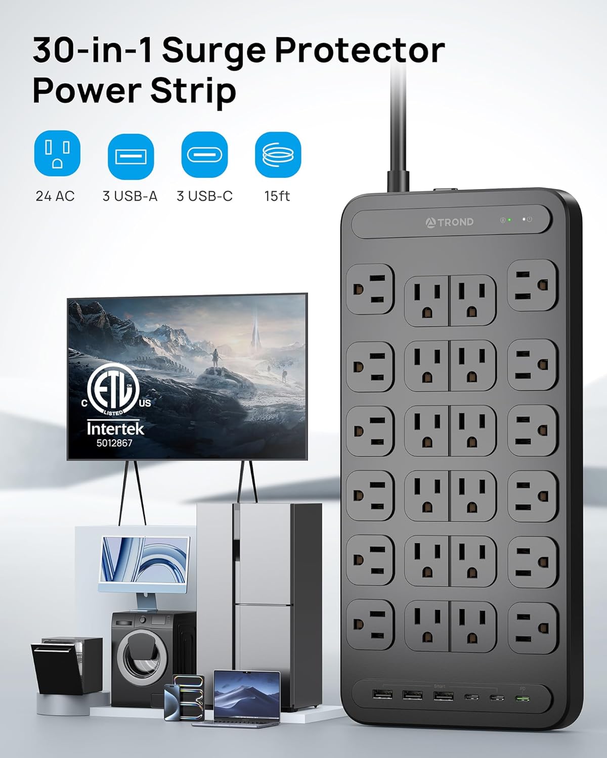 TROND Surge Protector Power Strip, 360° Rotating Flat Plug, 24 AC Outlets, 6 USB Ports Total 37W, 4000 Joules, ETL Listed, 15ft Heavy Duty Extension Cord 1875W for Gaming Dorm Room Essentials Black
