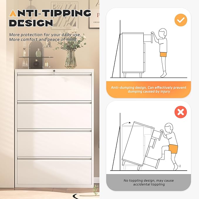Superday Lateral File Cabinet 4 Drawer Metal File Cabinet with Lock, White Filing Cabinets for Home Office, Locking Filing Cabinets Hanging Files Letter/Legal/F4/A4